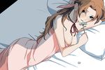  aerith_gainsborough bed breasts brown_hair cleavage dress final_fantasy final_fantasy_vii flower large_breasts long_hair lying masura pink_dress solo 