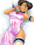  alternate_costume arm_garter armband bespectacled braid braided_bun breasts chain china_dress chinese_clothes chun-li collar covered_nipples cuffs double_bun dress earrings frills garters glasses homare_(fool's_art) jewelry jpeg_artifacts large_breasts no_panties shackles side_slit solo street_fighter thighhighs 