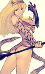  animal_print ass blonde_hair blue_eyes bridal_gauntlets elina fumio_(rsqkr) gauntlets hairband long_hair panties queen's_blade solo staff thong tiger_print underwear 
