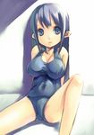 1girl bangs blue_eyes blue_hair blue_swimsuit breasts cleavage covered_navel cropped_legs crotch knee_up large_breasts long_hair looking_at_viewer mikage_sekizai one-piece_swimsuit school_swimsuit shadow sitting spread_legs swimsuit 