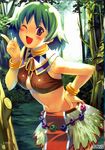  1girl bare_shoulders belt blush bracelet breasts brown_eyes choker cleavage crop_top forest green_hair hand_on_hip hips jewelry koutaro leaning_forward loincloth midriff morgan_(tears_to_tiara) nature navel nijiiro_zakura one_eye_closed open_mouth outdoors ribbon short_hair skirt smile solo tears_to_tiara tree wink 