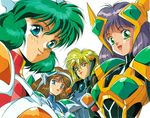  90s armor blonde_hair blue_eyes brown_eyes brown_hair green_eyes green_hair hirano_toshihiro iczelion iczer_(series) iijima_kiiro kai_nagisa kawai_kawai long_hair looking_at_viewer multiple_girls official_art purple_hair scan shina_nami short_hair upper_body white_background 