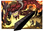  battle bow_(weapon) copyright_request demon fire glowing horns lack molten_rock multiple_boys sword weapon 