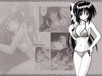  bangs bare_arms bare_shoulders bikini blush bow breasts collarbone greyscale groin hair_bow hand_up looking_away matra_milan medium_breasts monochrome navel noihara_himari omamori_himari ponytail side-tie_bikini stomach swimsuit 