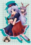  animal_ears bad_id bad_pixiv_id black_hair blush bunny_ears bunny_tail chibi hat houraisan_kaguya inaba_tewi kiru_(artist) long_hair multiple_girls purple_hair reisen_udongein_inaba ribbon short_hair socks tail touhou trigram white_hair yagokoro_eirin 