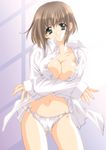  absurdres aqua_eyes breast_squeeze breasts brown_hair carnelian cleavage copyright_request crossed_arms dress_shirt highres large_breasts no_pants open_clothes open_shirt panties shirt short_hair solo underwear white_panties 