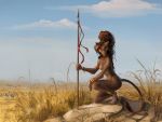  2018 5_fingers akineza anthro brown_fur brown_hair day detailed_background digital_media_(artwork) digitigrade equine feline female feral fur grass hair lion mammal melee_weapon outside polearm red_eyes red_sclera sky solo spear standing weapon zebra 