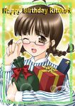  ;d akizuki_ritsuko antenna_hair box braid brown_eyes brown_hair gift gift_box holding idolmaster idolmaster_(classic) idolmaster_1 itsuki_sayaka long_sleeves looking_at_viewer one_eye_closed open_mouth shirt simple_background smile solo striped striped_shirt twin_braids upper_body vertical-striped_shirt vertical_stripes yellow_background 
