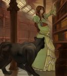  animal black_panther book brown_hair copyright_request dress green_eyes lack library light panther shelf smile solo window 