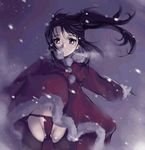  bangs black_hair blizzard blue_eyes blush christmas coat danchi_no_ninja floating_hair fundoshi fur_trim gloves groin hashimine_masei holding japanese_clothes knife long_hair looking_at_viewer md5_mismatch midriff navel night night_sky ninja outdoors parted_lips ponytail santa_costume sidelocks sky snow snowing solo standing thighhighs weapon wind wind_lift zundarepon 