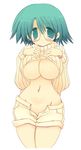  aqua_eyes aqua_hair blush breasts curvy glasses huge_breasts midriff navel no_panties open_fly original ribbed_sweater sakaki_(noi-gren) shorts smile solo sweater underboob unzipped 