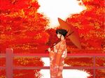  autumn black_hair copyright_request fence hair_up japanese_clothes oriental_umbrella parasol pen_(pen3) solo tree umbrella 
