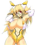  aoguu blonde_hair breasts brown_hair detached_sleeves diol_twee elbow_gloves glasses gloves huge_breasts leotard long_hair otomedius red_eyes revealing_clothes robot_ears solo yellow_leotard 