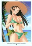  beach bikini black_hair breasts brown_eyes copyright_request covering covering_breasts day hat highres long_hair medium_breasts mouth_hold one_eye_closed solo straw_hat sun_hat swimsuit tanaka_takayuki 
