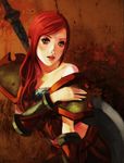  armor artist_request bare_shoulders behind_back blush collarbone cowboy_shot expressionless lips looking_at_viewer naginata parted_lips polearm red_eyes red_hair sheath sheathed shoulder_pads solo warcraft weapon world_of_warcraft 