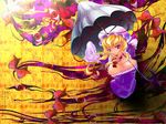  blonde_hair breasts cleavage eyes gap gloves hat large_breasts long_hair okota_(pixiv) ribbon solo touhou umbrella yakumo_yukari 