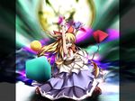  blonde_hair chain fang horns ibuki_suika jum_(parallel_parasol) moon oni pointing pointing_up solo touhou wallpaper wrist_cuffs yellow_eyes 