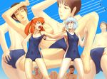  3boys androgynous armpits ayanami_rei bad_id bad_pixiv_id barefoot battle blue_hair bulge butt_crack fighting_stance fuyutsuki_kouzou ikari_gendou ikari_shinji kurohachi multiple_boys multiple_girls neon_genesis_evangelion one-piece_swimsuit pulled_by_another school_swimsuit single_vertical_stripe souryuu_asuka_langley swimsuit swimsuit_pull 