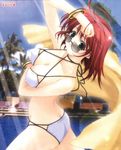  antenna_hair arched_back bikini bracelet breasts butt_crack cleavage copyright_request covered_nipples day grey_eyes highres jewelry kimizuka_aoi large_breasts lens_flare pool poolside red_hair short_hair solo sunglasses swimsuit towel white_bikini 