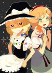  :o alice_margatroid apron blonde_hair capelet embellished_costume evil_smile frown green_eyes hairband hat kirisame_marisa looking_at_viewer multiple_girls nirmeli open_mouth puffy_short_sleeves puffy_sleeves red_eyes shaded_face short_sleeves smile surprised touhou waist_apron wavy_mouth witch_hat 