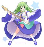  bad_id bad_pixiv_id blush detached_sleeves emurin green_eyes green_hair guitar highres instrument kochiya_sanae long_hair smile socks solo touhou 