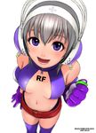  breasts gloves headphones looking_at_viewer navel open_mouth original purple_eyes purple_gloves purple_legwear ryu_(ryu's_former_site) short_shorts shorts silver_hair solo thighhighs zipper 