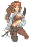  antique_firearm belt breasts cleavage crossdraw_holster earrings firearm gun handgun holster jewelry large_breasts long_hair midriff murakami_hisashi original pirate pistol red_eyes red_hair solo sword weapon 