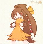  artist_request brown_hair character_name costume dress extra_mouth gen_3_pokemon mawile personification pokemon red_eyes ribbon simple_background smile solo translated white_background 