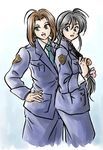  badge black_hair blue_eyes braid brown_hair green_eyes gun kobayakawa_miyuki long_hair multiple_girls necktie pencil_skirt police police_uniform policewoman short_hair skirt tsujimoto_natsumi uniform weapon you're_under_arrest 