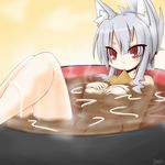  aburaage animal_ears bad_id bad_pixiv_id bathing breast_suppress cup food fox_ears in_container in_cup in_food long_hair minigirl mouth_hold noodles original red_eyes reku silver_hair solo 