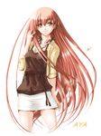 bow brown_eyes jewelry long_hair miniskirt necklace original pink_hair red_hair simple_background skirt solo very_long_hair yuu_(yuyukaikan) 