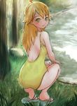  ass back blonde_hair blush green_eyes hoshii_miki idolmaster idolmaster_(classic) idolmaster_1 long_hair looking_back maruwa_tarou nature one-piece_swimsuit sandals solo squatting swimsuit water 