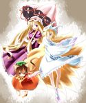  animal_ears blonde_hair blue_eyes brown_eyes brown_hair cat_ears cat_tail chen earrings elbow_gloves eyes fox_tail gloves hat highres hiraga_matsuri jewelry long_sleeves multiple_girls multiple_tails parasol pillow_hat purple_eyes shoes short_hair tail tassel touhou umbrella wide_sleeves yakumo_ran yakumo_yukari 