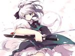  abimaru flower hitodama konpaku_youmu konpaku_youmu_(ghost) purple_eyes sheath sheathed silver_hair solo sword touhou unsheathing weapon 