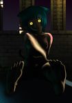  animal_ears barefoot dark feet glowing glowing_eyes green_hair head_tilt highres nude original rokusho shade short_hair sitting slit_pupils soles solo tail yellow_eyes 