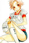  animal_print ball bandaid bandaid_on_knee butterfly_print gym_uniform holding holding_ball k_ototo kneehighs looking_at_viewer name_tag original pink_hair puffy_short_sleeves puffy_sleeves red_eyes short_hair short_sleeves simple_background solo volleyball white_background white_legwear 