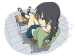  bad_id bad_pixiv_id black_hair braid brown_eyes desk feet_on_table legs loose_socks original rokusho school_desk sitting skirt socks solo twin_braids 