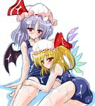  bat_wings blonde_hair blue_hair blush flandre_scarlet hat multiple_girls name_tag one-piece_swimsuit one_side_up red_eyes remilia_scarlet ribbon school_swimsuit siblings sisters swimsuit touhou trembling wings yamu_(reverse_noise) 