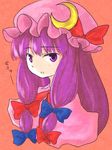  bow crescent hair_bow hat mukyuu myama patchouli_knowledge purple_eyes purple_hair solo touhou upper_body 