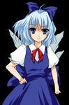  ahoge atoshi bad_id bad_pixiv_id blue_eyes blue_hair bow cirno hair_bow hand_on_hip short_hair smile solo touhou wings 
