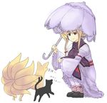  bad_id bad_pixiv_id blonde_hair cat chen chen_(cat) forked_tail fox hair_ribbon hat kusanagi_kaoru kyuubi long_hair multiple_tails nekomata parasol ribbon smile squatting tail touhou translated umbrella yakumo_ran yakumo_ran_(fox) yakumo_yukari 