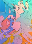  :o aqua_hair bad_id bad_pixiv_id colored_eyelashes detached_sleeves earth from_below gradient gradient_background gradient_eyes hatsune_miku headphones headset long_hair microphone multicolored multicolored_eyes mwr open_mouth orange_background planet smoke solo vocaloid 