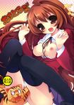  aisaka_taiga black_legwear breasts brown_hair cat fang highres medium_breasts oohashi_high_school_uniform open_clothes open_shirt panties red_eyes school_uniform shirt solo thighhighs toradora! underwear youta 