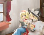  alice_margatroid blonde_hair blue_eyes blush book bookshelf bow couch dress hair_bow hairband hat kirisame_marisa multiple_girls myama reading shanghai_doll sitting smile touhou window witch_hat yellow_eyes 