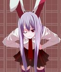  animal_ears bad_id bad_pixiv_id bent_over bunny_ears long_hair necktie one_eye_closed purple_hair red_neckwear reisen_udongein_inaba shirt skirt solo tank_(artist) touhou 