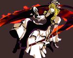  blonde_hair fan folding_fan hair_ribbon red_eyes ribbon solo touhou yakumo_yukari yukizen 