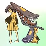  barefoot black_hair blush_stickers brown_eyes costume extra_mouth fangs gen_3_pokemon hitec looking_back mawile moemon personification pokemon pokemon_(creature) prehensile_hair red_eyes simple_background standing 