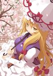  bad_id bad_pixiv_id blonde_hair cherry_blossoms flower hair_ribbon hat long_hair mizuse_kiseki mouth_hold parasol petals ribbon solo touhou umbrella yakumo_yukari yellow_eyes 