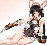  barefoot black_hair breasts copyright_request gloves huge_breasts legs long_hair lying purple_eyes scharfschutze see-through solo sword weapon 