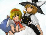  alice_margatroid bad_id bad_pixiv_id blonde_hair blush braid hairband hat inoe_(noie) kirisame_marisa multiple_girls touhou witch_hat 